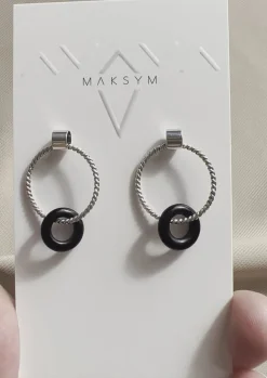 Fashion MAKSYM Twisted Hoop Earrings + Black Onyx - Silver