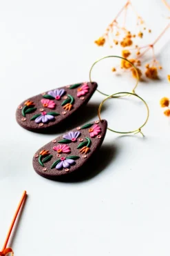 Hot SLOW DAY STUDIOS Burgundy Floral Teardrop Hoop Earrings