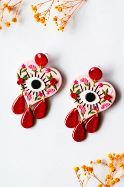 New SLOW DAY STUDIOS Heart and Evil Eye Earrings - Red Glitter